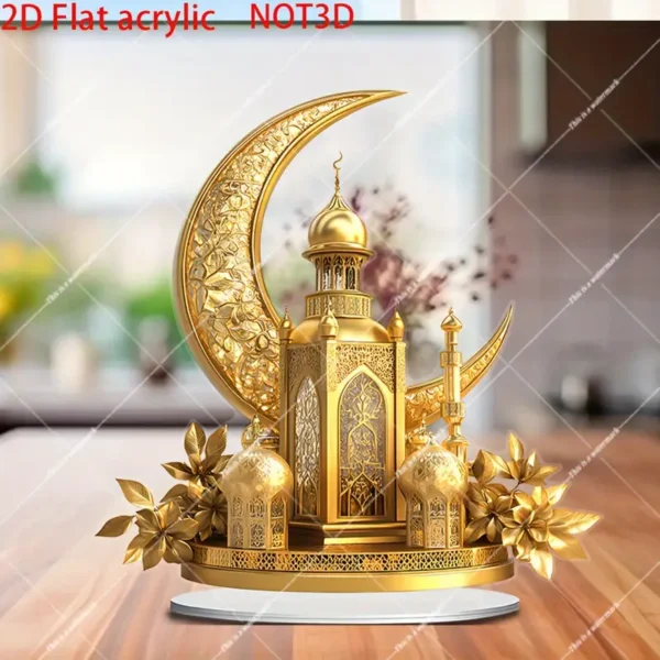 ⁦عملفانوس إسلامي ذهبي ثنائي الأبعاد مع تصميم الهلال والمسجد⁩ - الصورة ⁦2⁩